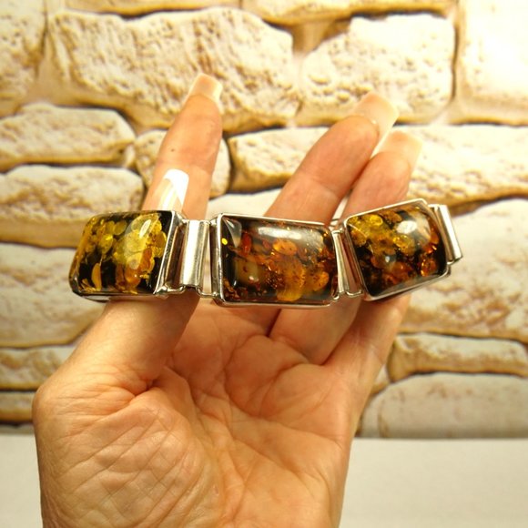 HEAVY AMBER 925 SILVER PANEL BRACELET 8", GIFT FOR HER or HIM - Picture 3 of 11